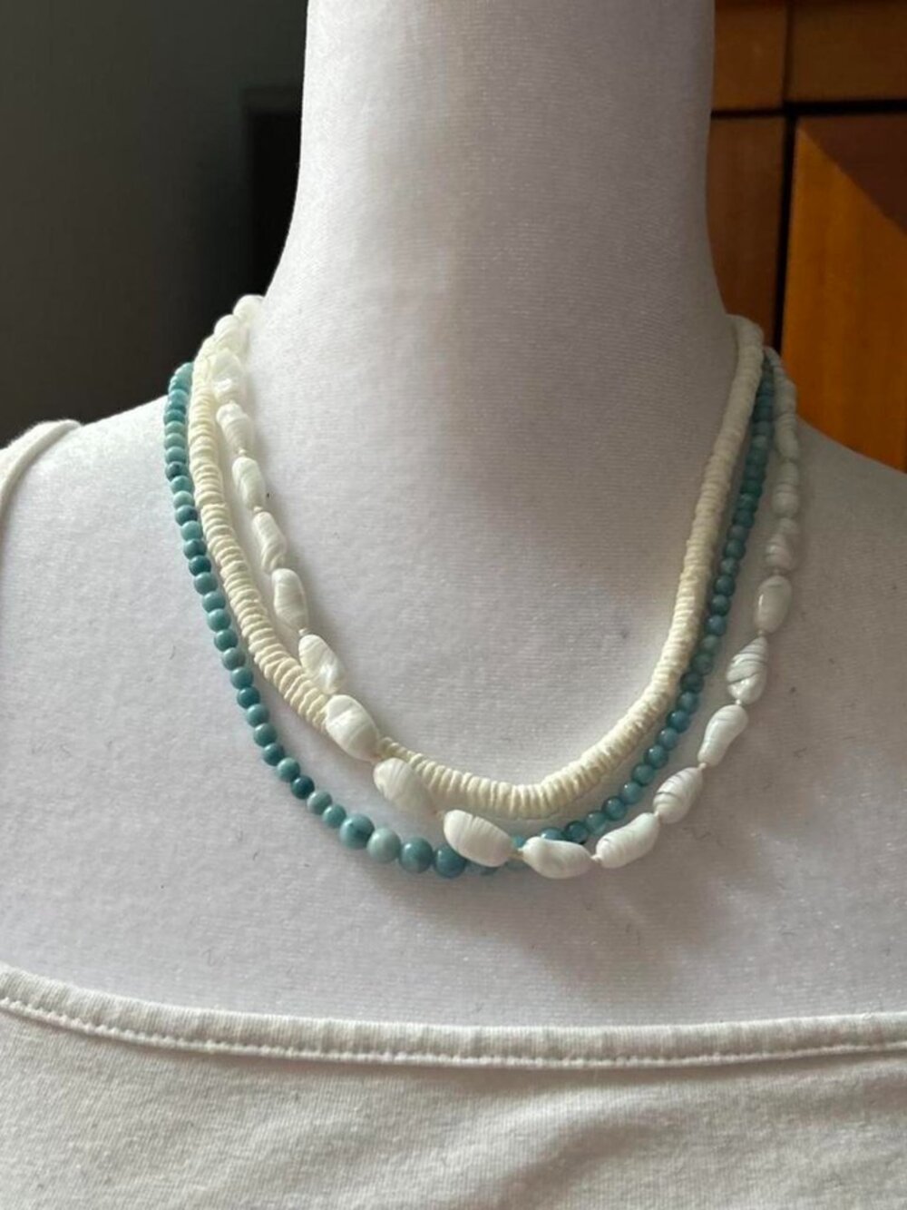 White and Blue Beaded / Shell / Stone 3 Necklaces Bundle